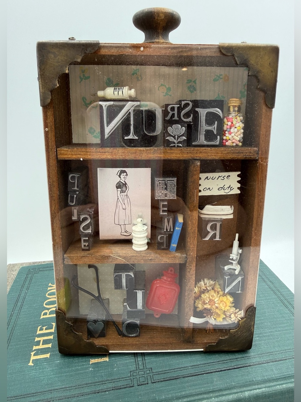 Vintage Wood Diorama with Vintage Nurse  Trinket Shadow Box